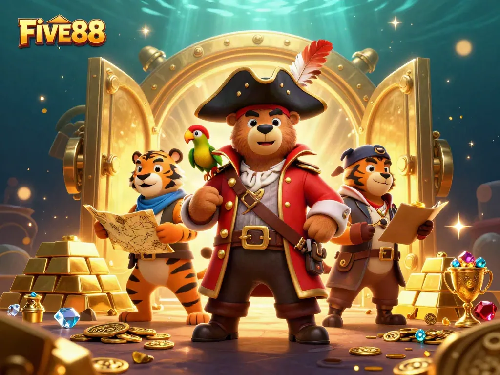 Engage in gaming excitement with FIVE88 as a pirate bear and tiger explore treasures.