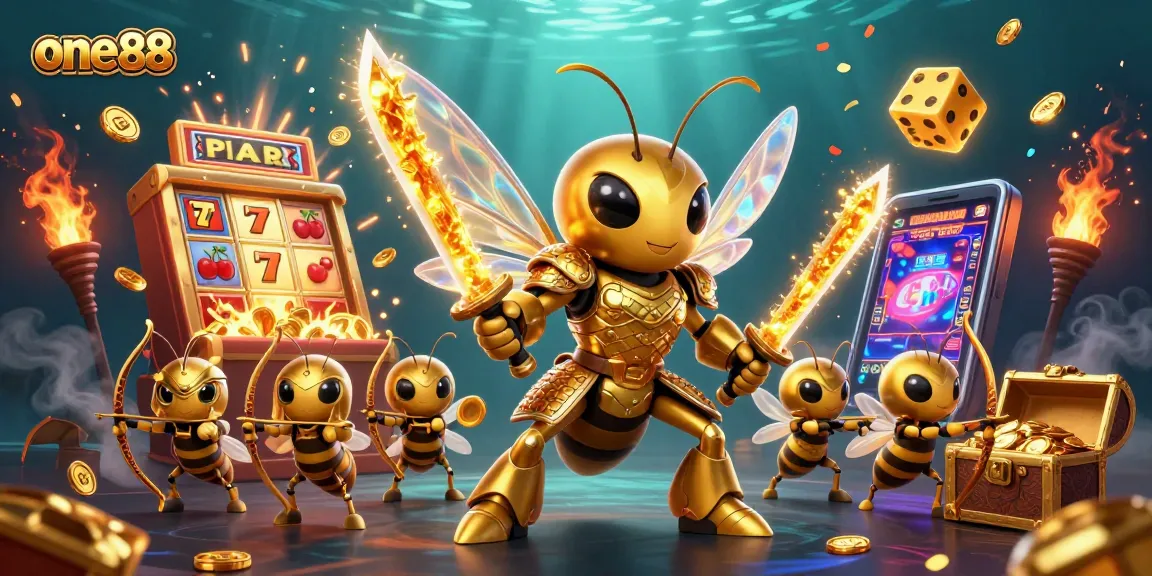 Experience thrilling wins at one88 with a dynamic scene of cartoon hornets and vibrant casino elements.
