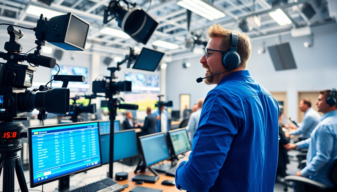 Sports Broadcasting setup featuring an analyst in a vibrant studio, live statistics on screens.