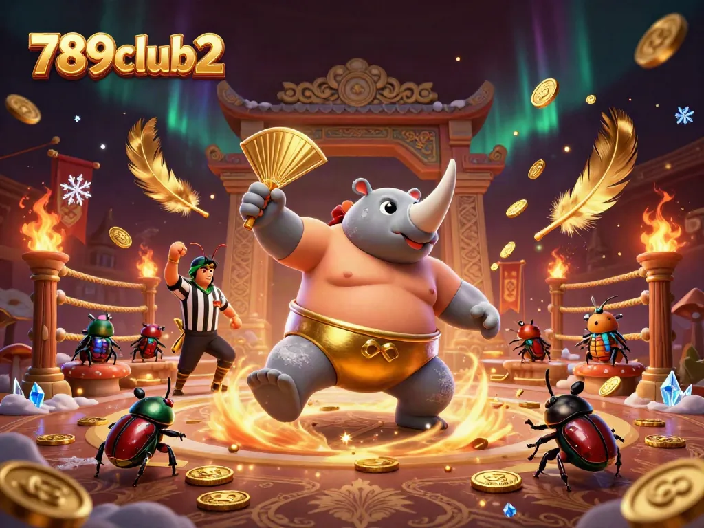 Feel the excitement of 789club2 as you watch a powerful rhinoceros beetle sumo champion amidst flying gold coins.