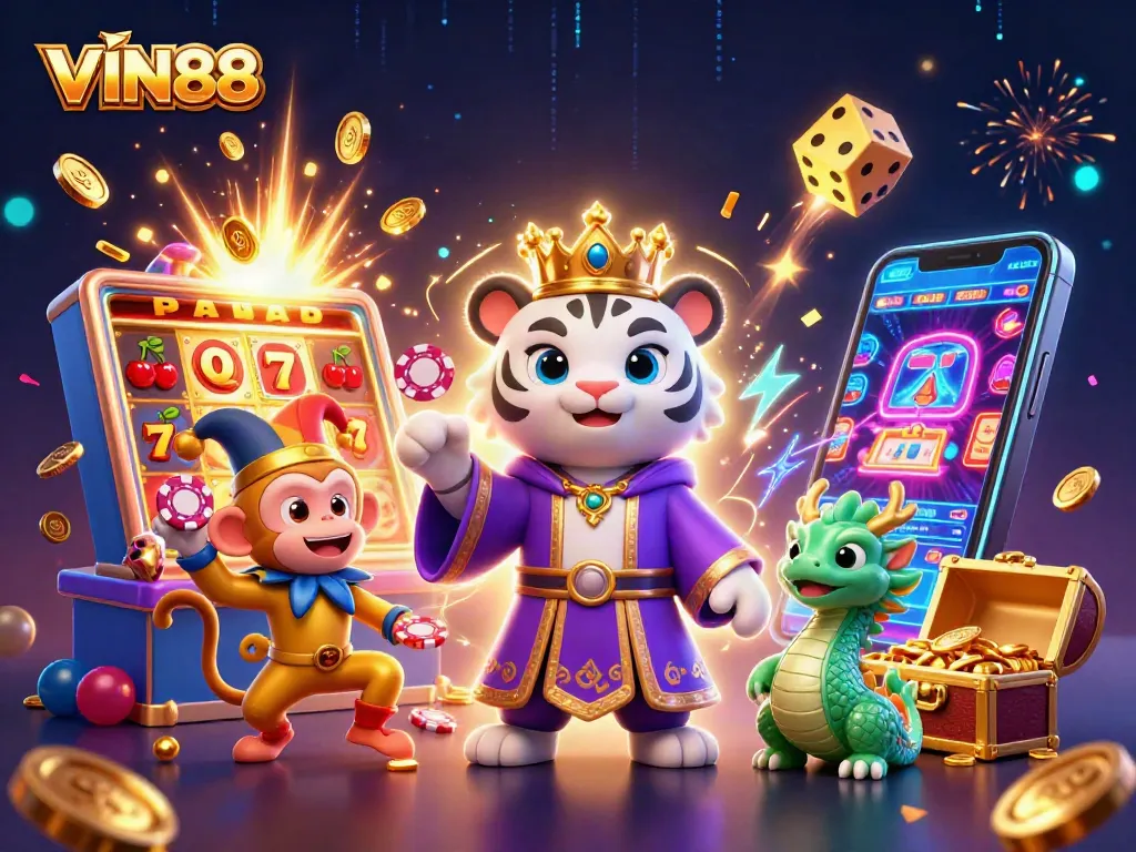 Play and win at VIN88 online casino with a dynamic scene featuring a tiger, monkey, and jackpot extravaganza.