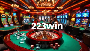 Experience the thrill of winning at 23win with vibrant casino scenes of roulette, slots, and chips in action.
