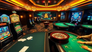 Engage with Jun 88 at a luxurious online casino with vibrant slot machines and elegant tables.