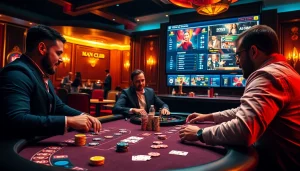 Man club poker players strategizing for excitement at a luxury casino table.