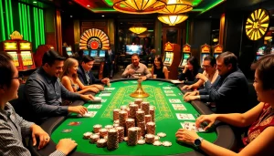 Players enjoying thrilling game bài at a luxurious casino table surrounded by vibrant casino elements.