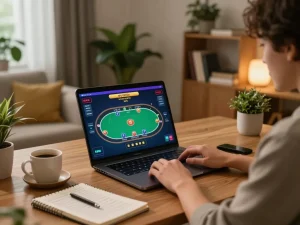 Engaging with W 88 online casino gameplay on a stylish laptop at home