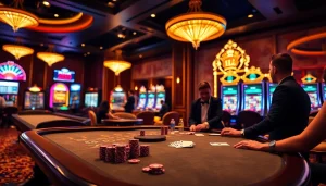 High-stakes players enjoying s8s at a luxurious poker table in a vibrant casino setting.