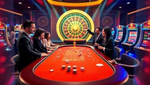 Players celebrating wins at Lucky88qq casino gaming table featuring vibrant colors and excitement.