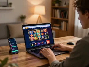 Player engaging with lv88 online casino on laptop at stylish home office.