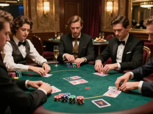 Players enjoy a high-stakes poker game at NK88's exclusive VIP gaming room, featuring luxurious decor and intense gameplay.