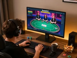 Player interacting with kuwin1 gaming platform at home, showcasing online casino atmosphere and strategic play