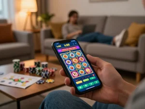 Engaging scene of lc88 casino app on a smartphone showcasing colorful game graphics
