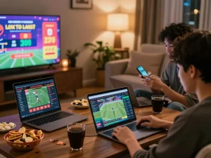Engaged users accessing Link vào Topbet for online betting excitement in a vibrant home setup.