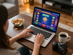 Player engaging with ph22 casino games online on a laptop, showcasing colorful game interface and cozy home setup.