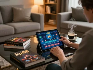 Engaged player betting on kp88’s online casino from a stylish home setup with strategy books.