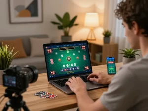 Player engaging with SC88 online casino interfaces on laptop in a cozy home setup