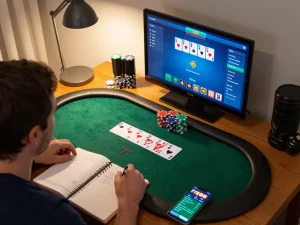 Engaging online poker gameplay experience on rr88, with vibrant cards and focused player.