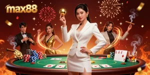 Experience max88's thrilling casino atmosphere with a stunning Asian woman in a tuxedo, holding a golden roulette ball amidst poker action.