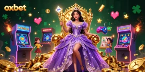 Experience excitement with oxbet's vibrant gaming scene showcasing a beautiful Asian woman and colorful casino elements.
