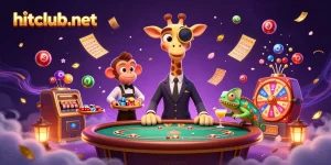 Experience excitement at hitclub-net while the high-roller giraffe plays poker surrounded by vibrant lottery elements.