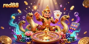 Join the excitement at red88 with a dazzling 3D scene of casino themes featuring vibrant characters and gaming elements.