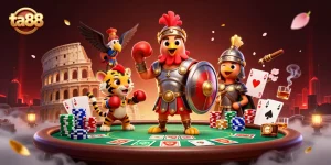 Experience thrilling games at ta88, where a gladiator rooster and tiger spar in a vibrant casino setting.