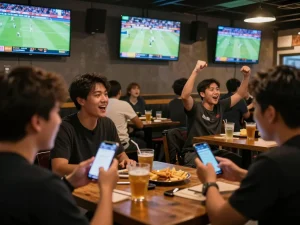 Fans engaging in real-time betting on keonhacai5 at an exciting sports bar during live matches.