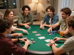 Group enjoying poker night at home with sc88e, colorful chips and game atmosphere.