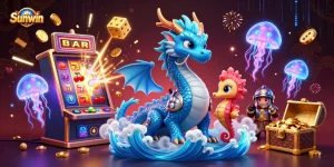 Sunwin enhances gaming excitement in a vibrant casino scene with dynamic characters and slot machines.