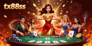 Experience exciting wins at tx88ss with a vibrant casino scene featuring a beautiful woman holding a golden coin.