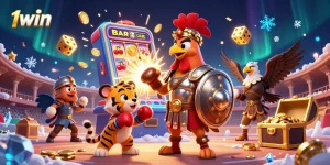 Experience the thrill of 1win betting with a dynamic casino scene featuring games, characters, and action.