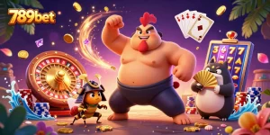 Engage with thrilling 789bet adventures featuring a dynamic casino scene filled with vibrant 3D characters and rich gaming elements.
