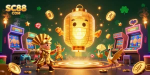 Experience the thrill of SC88 COM with a vibrant casino scene featuring dynamic characters and elements.