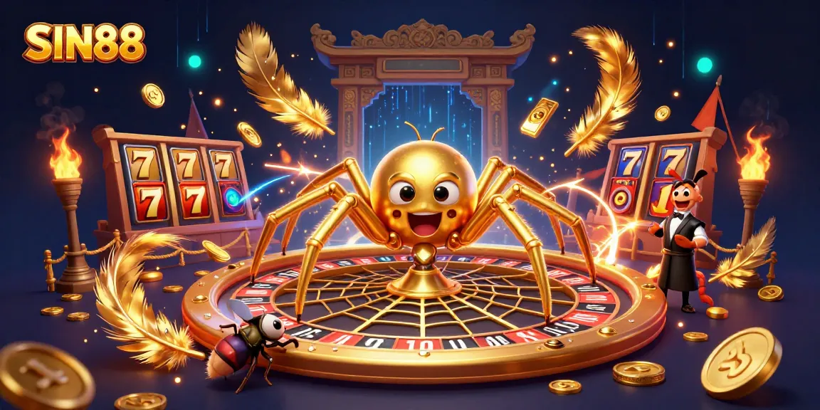Experience thrilling bets at SIN88 with a golden spider and centipede croupier in a casino scene.