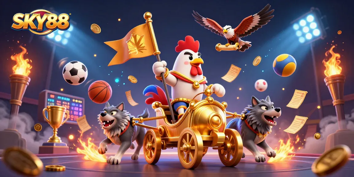 Engage in thrilling action at SKY88 casino with a 3D rooster warlord and dynamic sports betting scene.