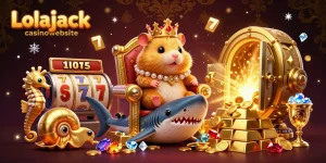 Engaging scene of a golden hamster king on a megalodon throne, surrounded by treasures at Lolajack casinowebsite.