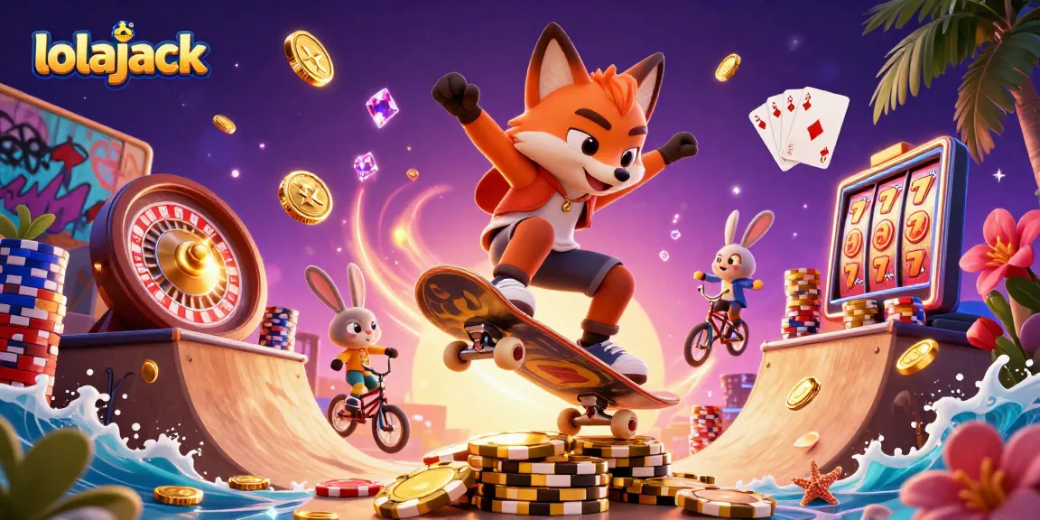 Experience gaming excitement at lolajack Casino with vibrant characters and dynamic casino elements.