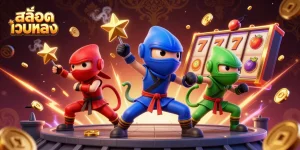 Experience สล็อตเว็บตรง with chameleon ninjas amidst a vibrant casino scene packed with slot reels and gold coins.