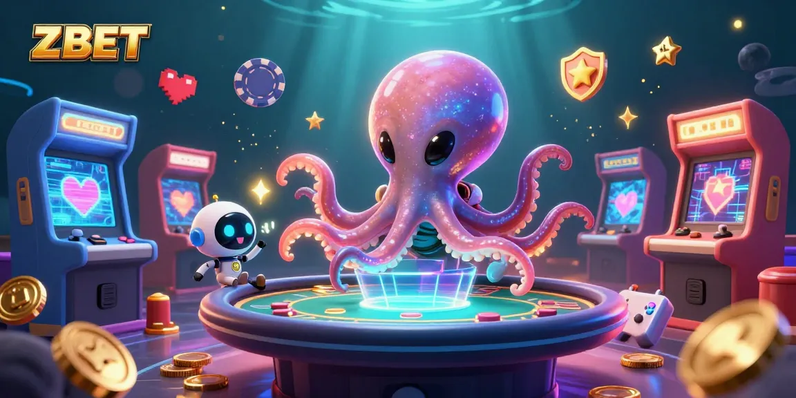 ZBET poker fun with a cosmic octopus and robot in a vibrant casino scene