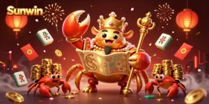 Experience the excitement and luck at Sunwin with vibrant gaming elements around the golden crab emperor.