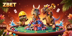 ZBET engages players in a lively casino atmosphere with poker elements and cheerful characters.