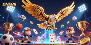 ONE88 presents a dynamic sports betting scene with a cybernetic eagle amid sports elements.