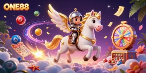 Engage with ONE88's thrilling gaming experience featuring vibrant lottery action and magical elements.