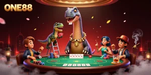 Experience thrilling poker action with the giant ONE88 brontosaurus overseeing the game.