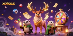 Experience the excitement of xoilacz with vibrant lottery elements, a druid, and a badger in a dynamic casino scene.
