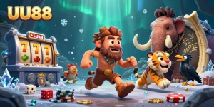 Experience thrilling gaming adventures at UU88 with a prehistoric casino scene and dynamic slot elements.